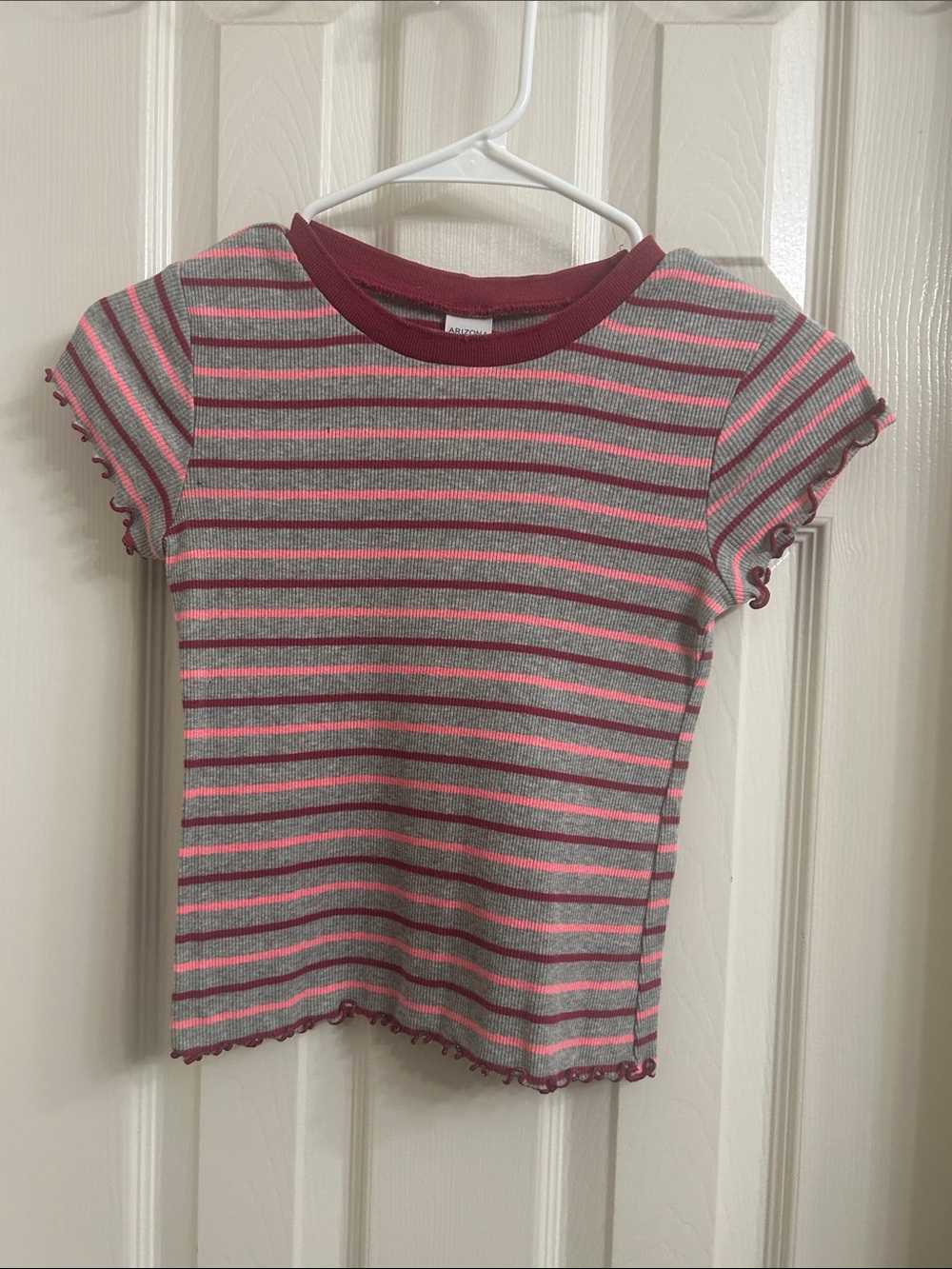 Arizona Jean Company Gray & Pink Striped Ruffle Tee